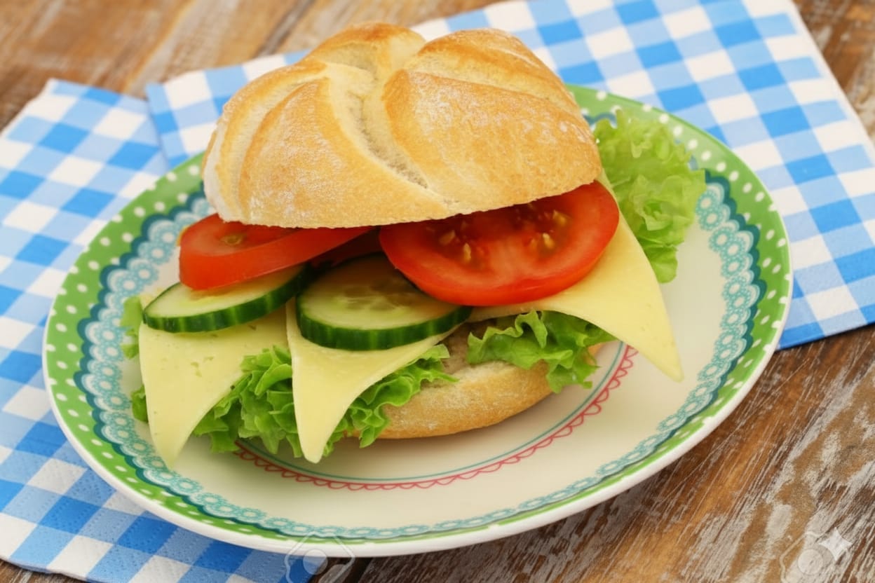 Kanapka z serem żółtym sałata pomidor i ogórek
