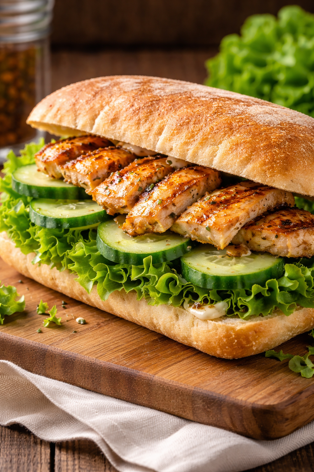 Kanapka z kurczakiem grillowanym sałatą i ogórkiem